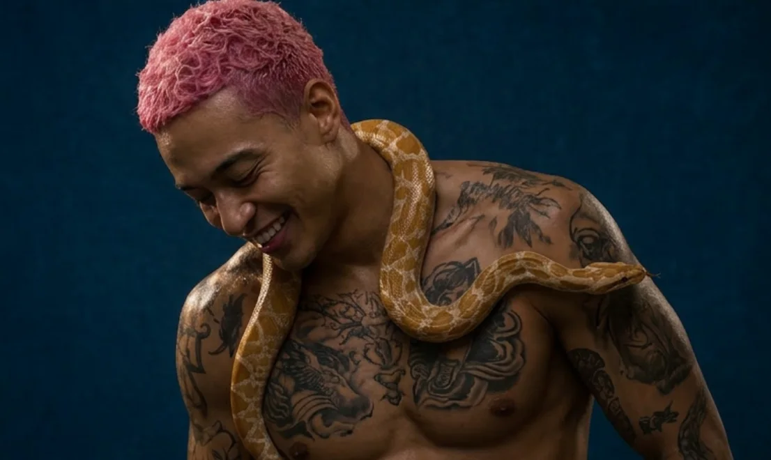 MYTH sonriendo con su serpiente