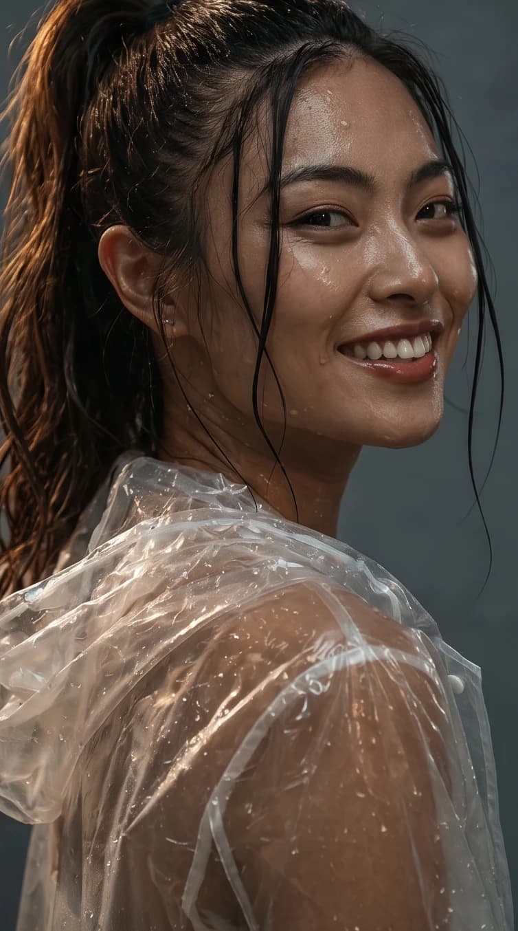SOL, The Flow — mujer serena con impermeable translúcido, brazos cruzados